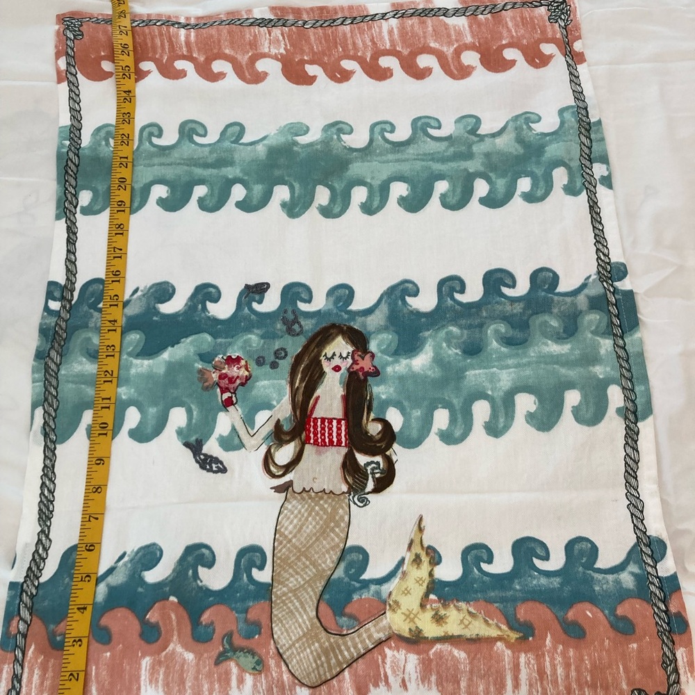 100% Cotton Mermaid Waves Kitchen Towel Vibrant Aqua W/Red Embroidered Accents